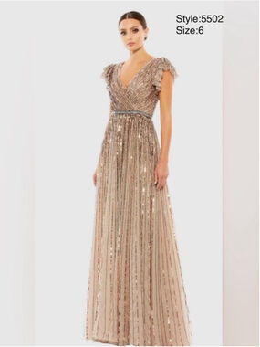 Mac Duggal Copper Sequined Wrap Over Ruffled Cap Sleeve Gown